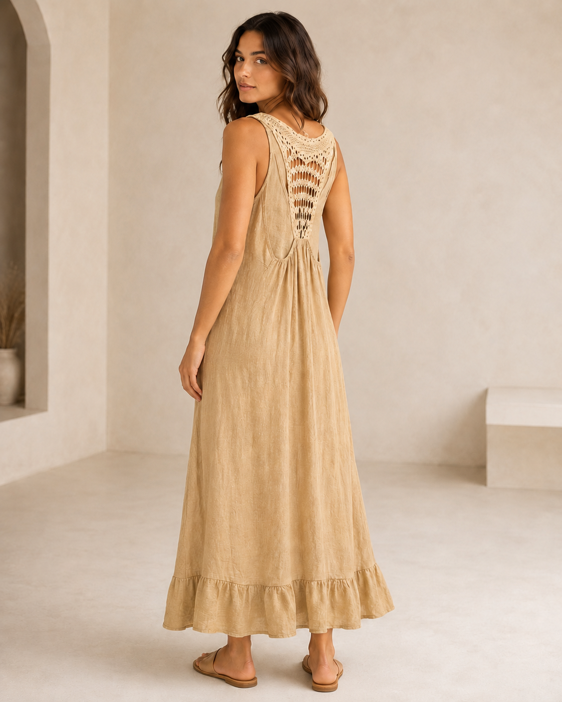 Crochet-Back Linen Maxi Dress