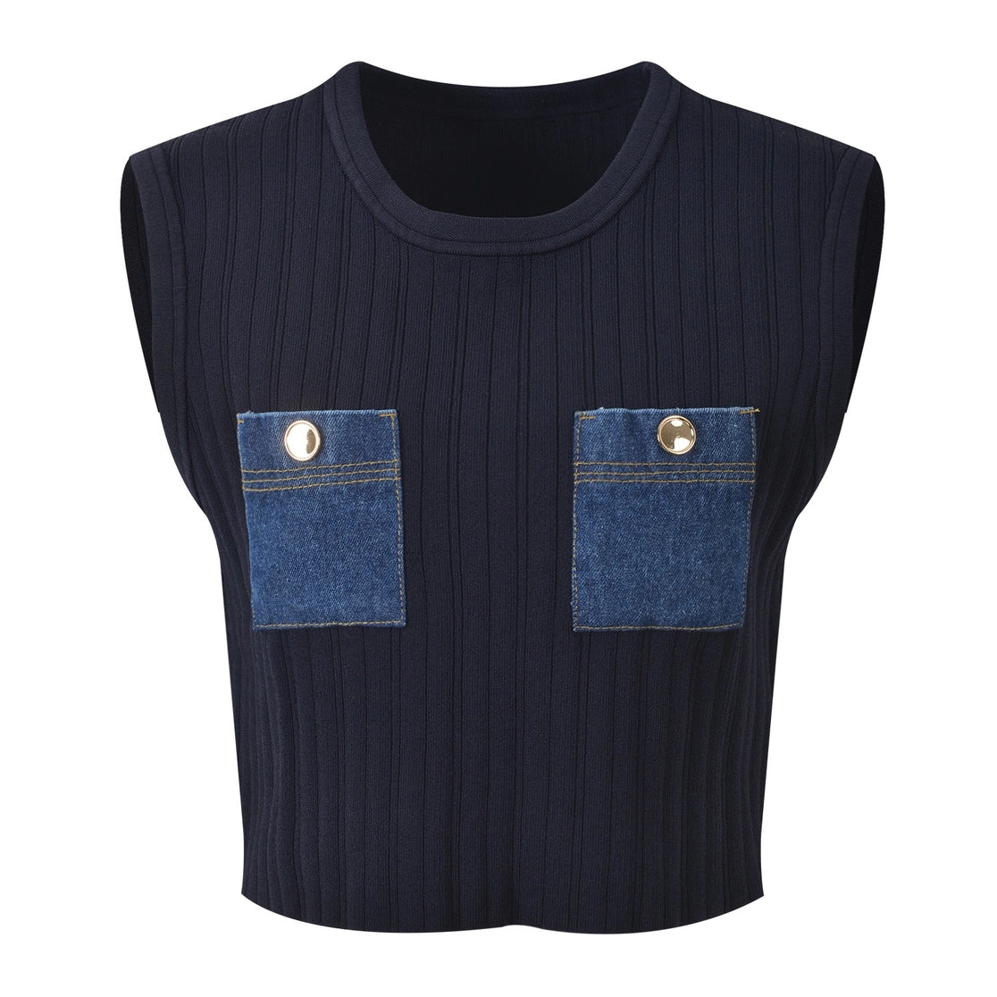 Navy Ribbed Sleeveless Crop Top with Denim Pockets