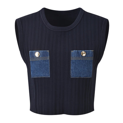 Denim Pocket Knit Vest & Skirt Set