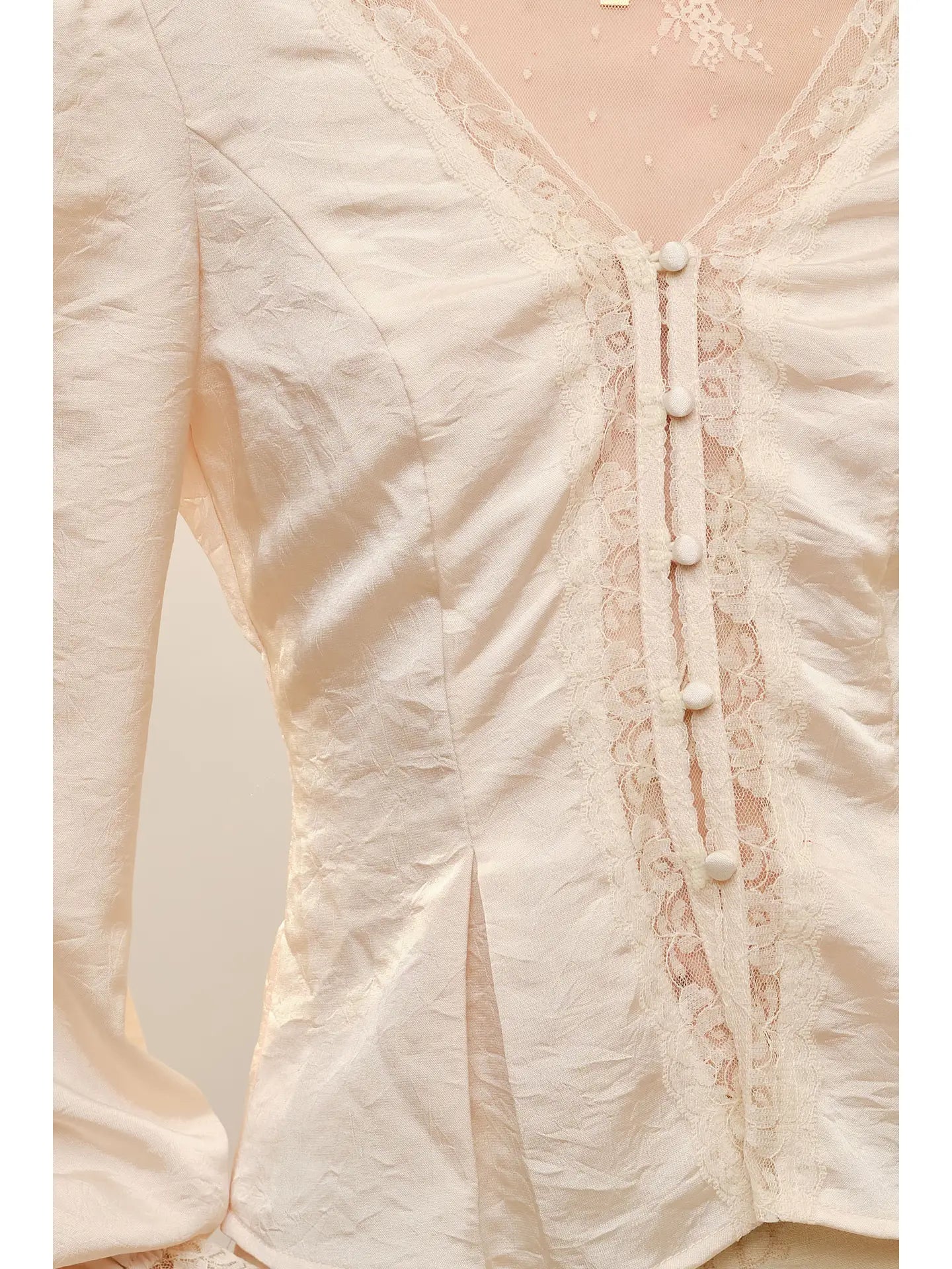 V Neck Lace Insert Puff Sleeve Blouse