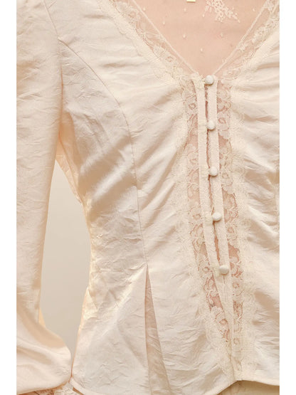 V Neck Lace Insert Puff Sleeve Blouse