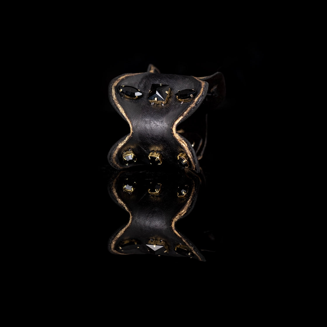 Obsidian Sculpt Leather Cuff Black Crystal Statement