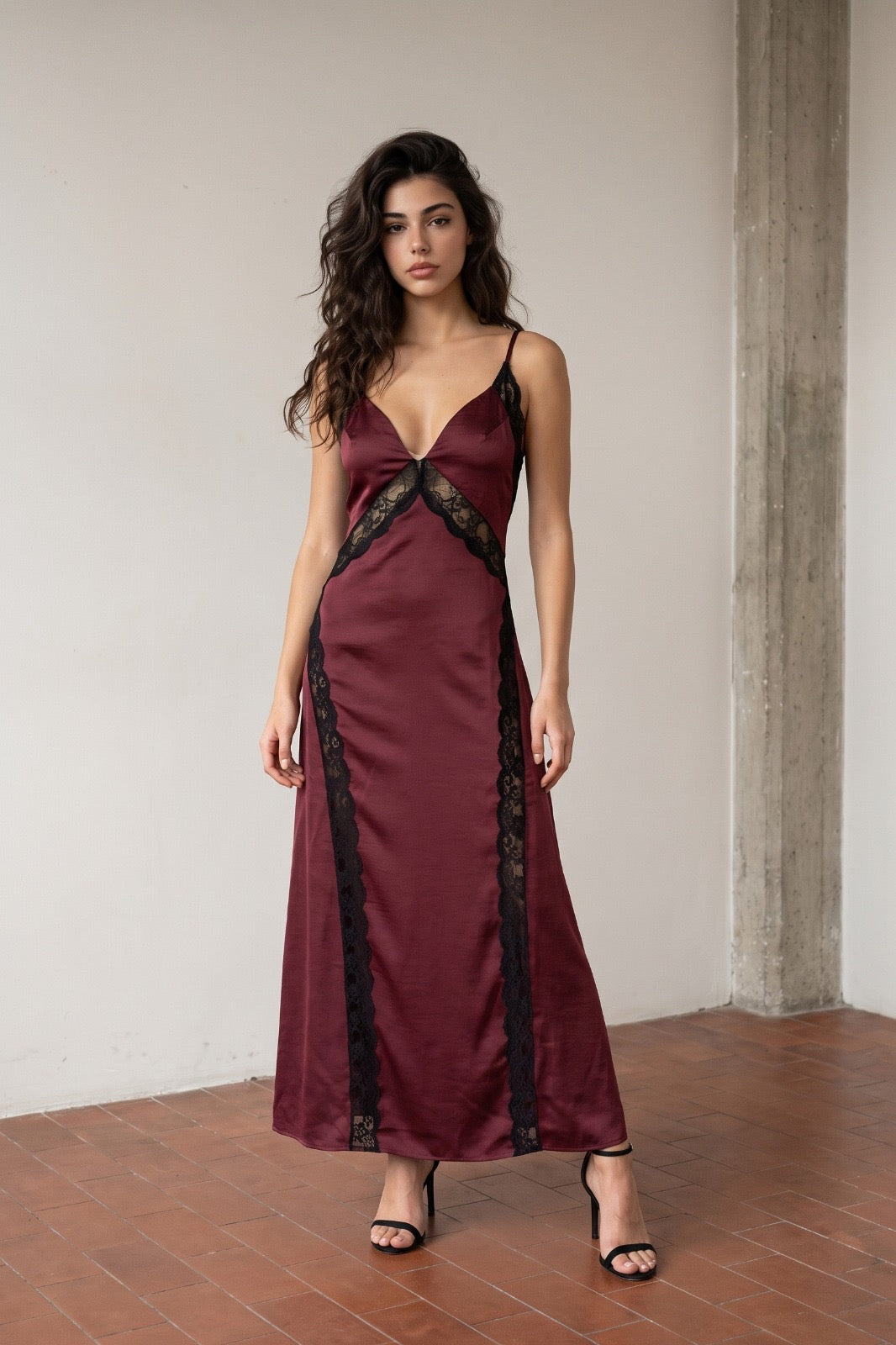 Lace insert open back satin Maxi Dress
