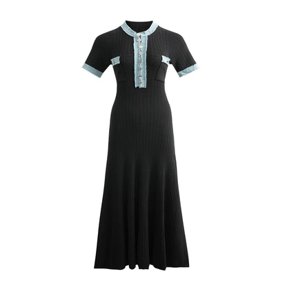 Short-Sleeved Knitted Dress with Denim Trim