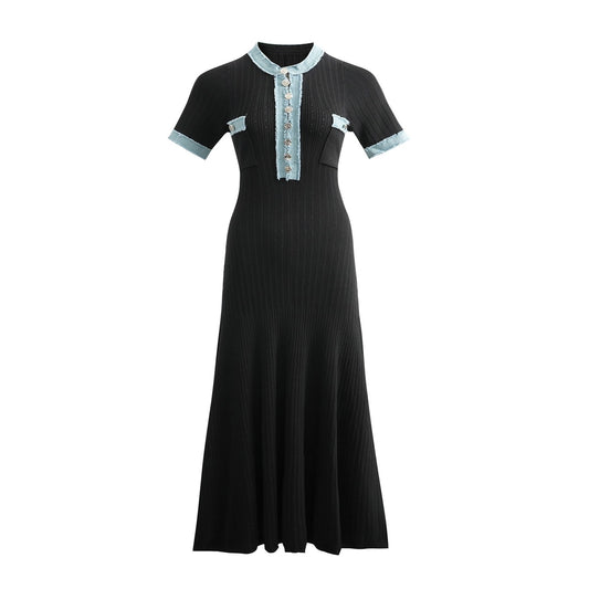 Short-Sleeved Knitted Dress with Denim Trim