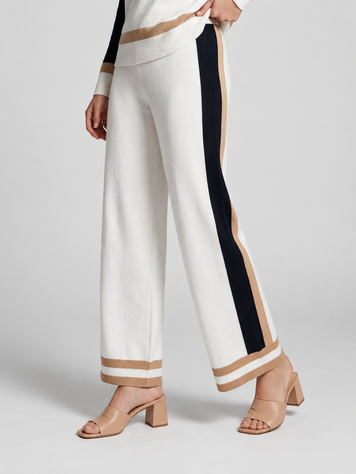Ivory Contrast Stripe Wide-Leg Knit Pants
