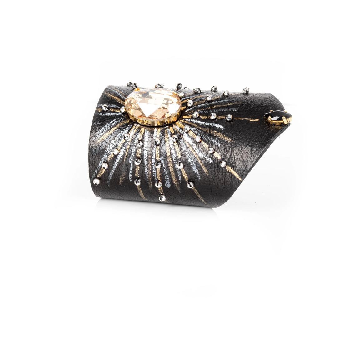 Black Leather Sunburst Crystal Statement Cuff Bracelet