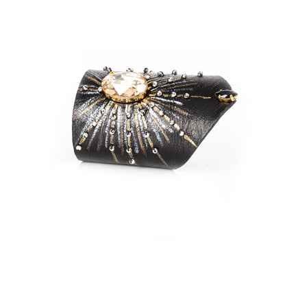 Black Leather Sunburst Crystal Statement Cuff Bracelet