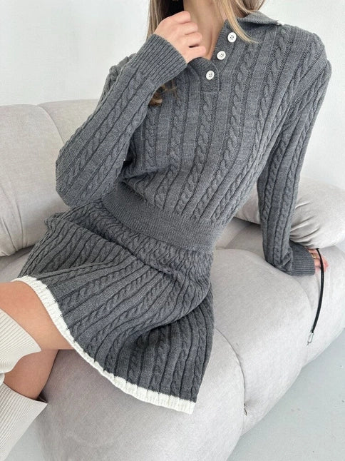 Ribbed Buttoned Sweater and Mini Skirt Set