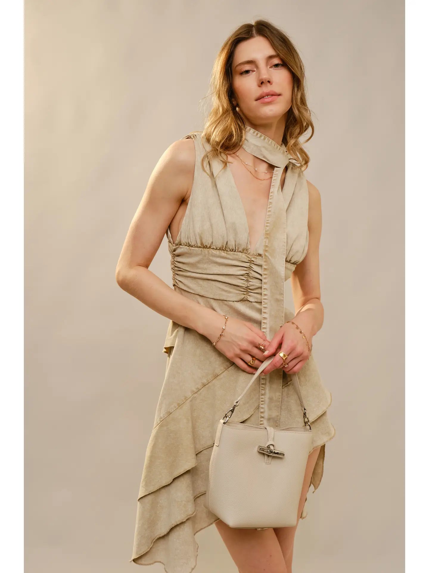 Layered Hem Ruched Waistband Dress