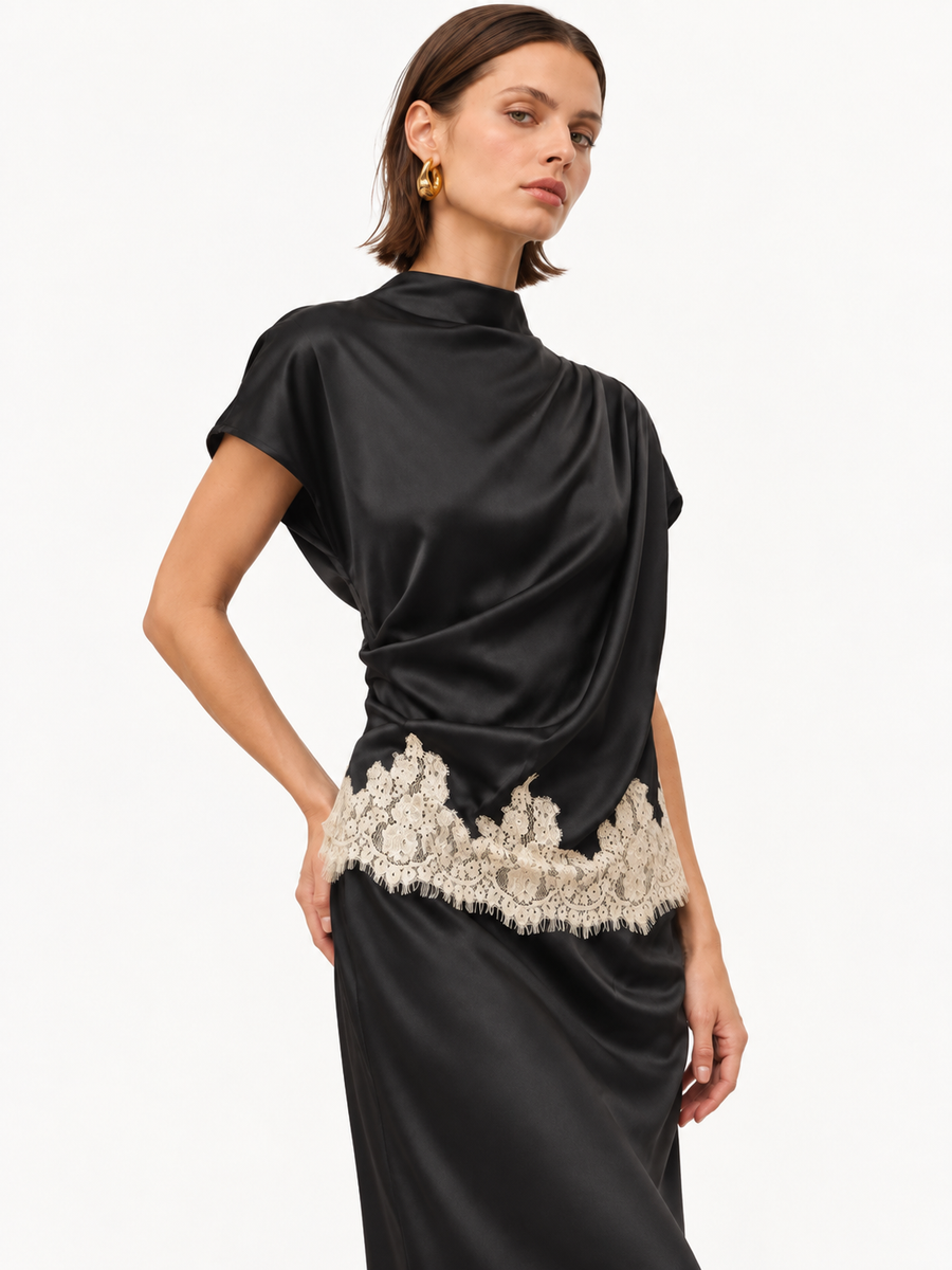 Black Satin Lace-Trim Draped Top