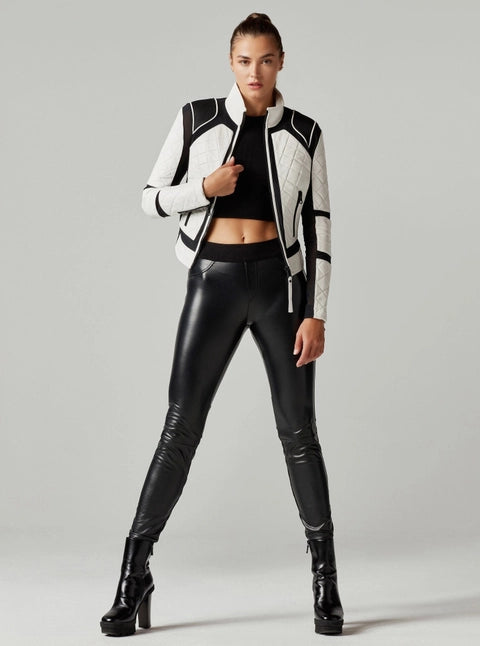 Leather Mesh Moto Jacket Black and White Colorblock