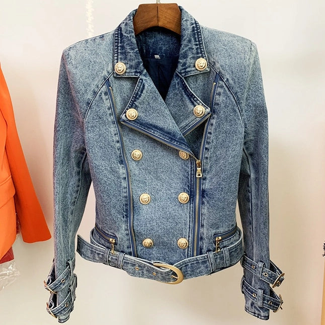 Edgy Denim Biker Jacket with Diagonal Zipper