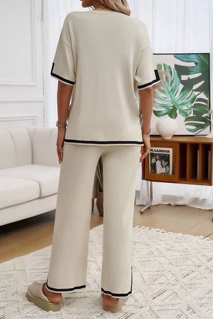 Contrast Color Shortsleeved Trousers Sweater Suit