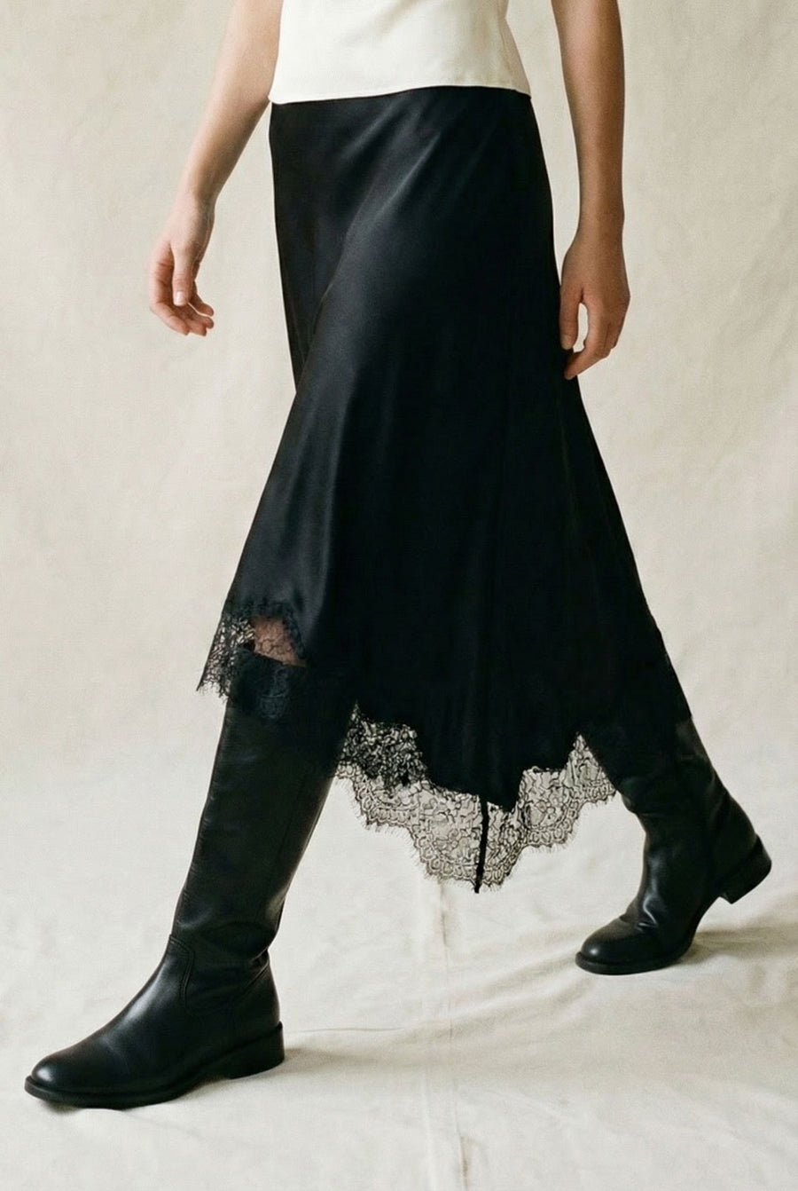 Asymmetric Lace Hem Flowy Skirt