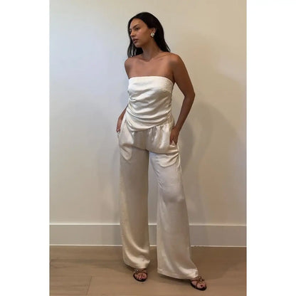 Crinkle Satin Back Tie Up Scarf Top w/ Pants