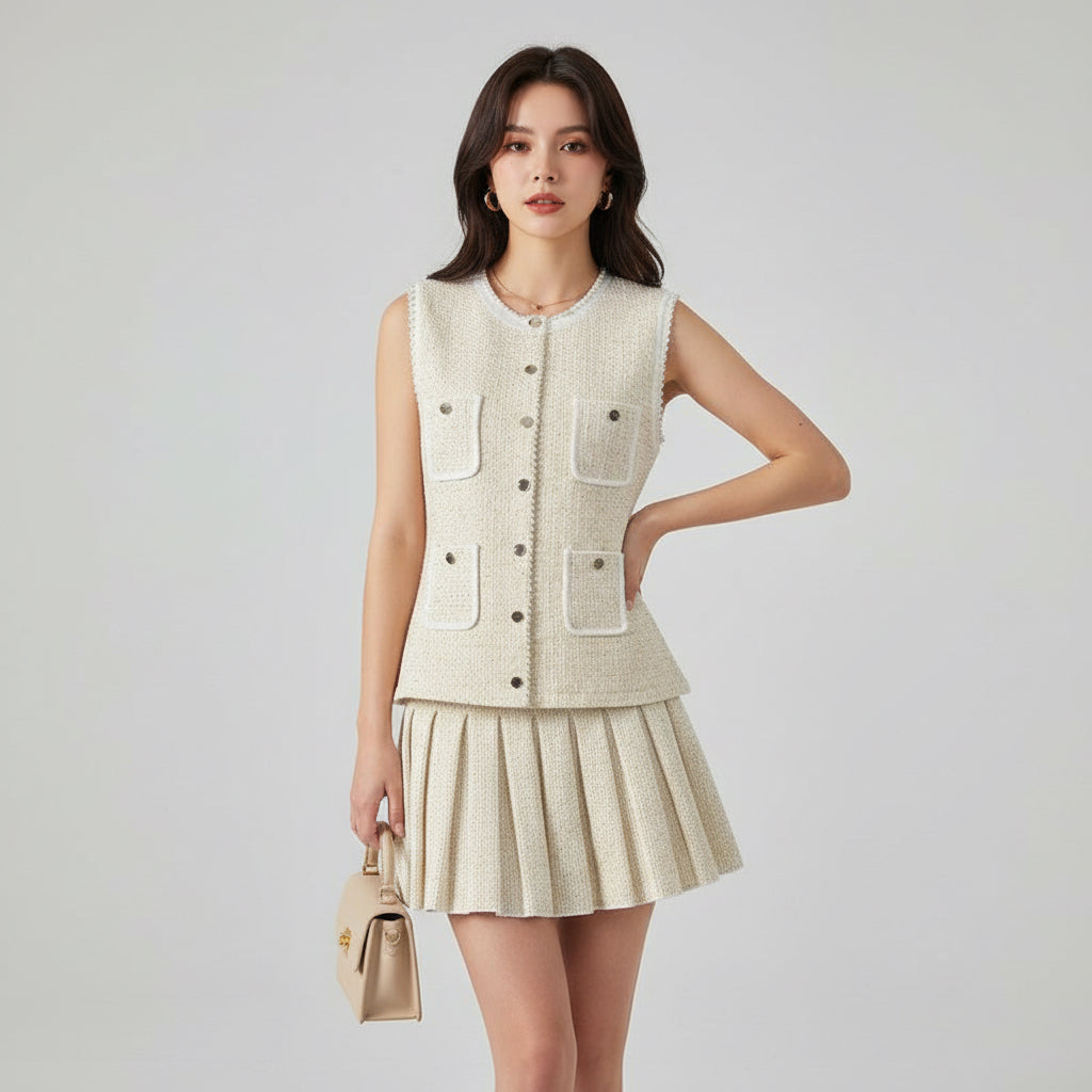 Tweed Vest & Pleated Skirt Set
