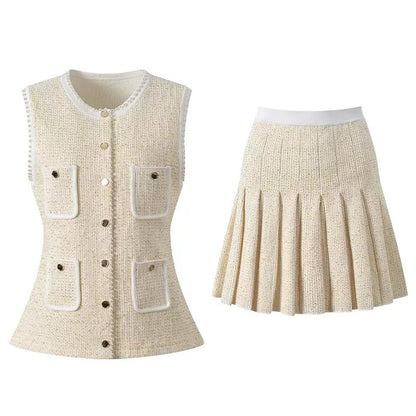 Tweed Vest & Pleated Skirt Set