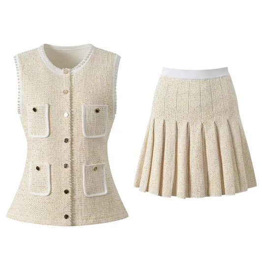 Tweed Vest & Pleated Skirt Set