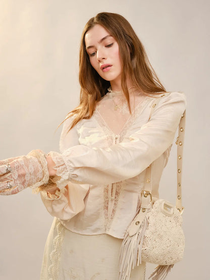 V Neck Lace Insert Puff Sleeve Blouse