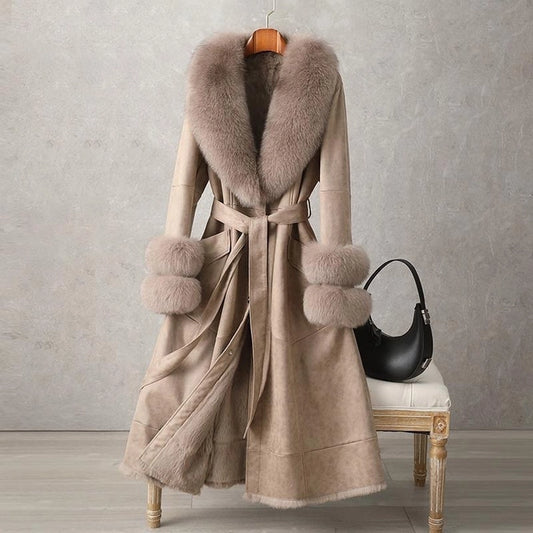 Elegant Mid-Length Faux Fur Coat with Fox Fur Collar