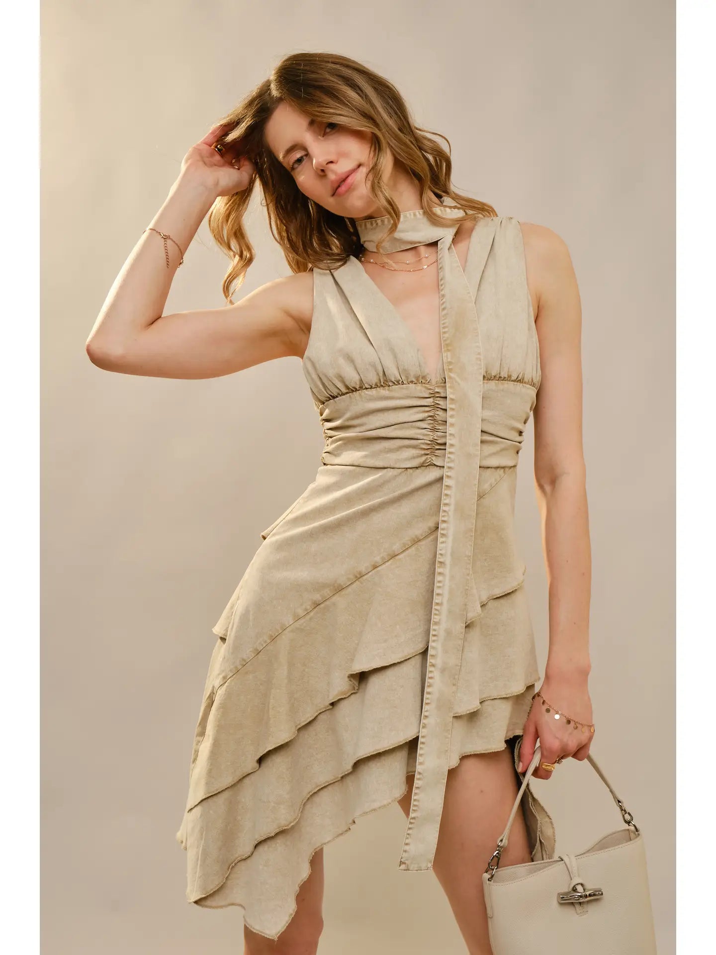 Layered Hem Ruched Waistband Dress