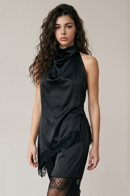 Cowlneck Satin Top with Hi-Low lace Hem