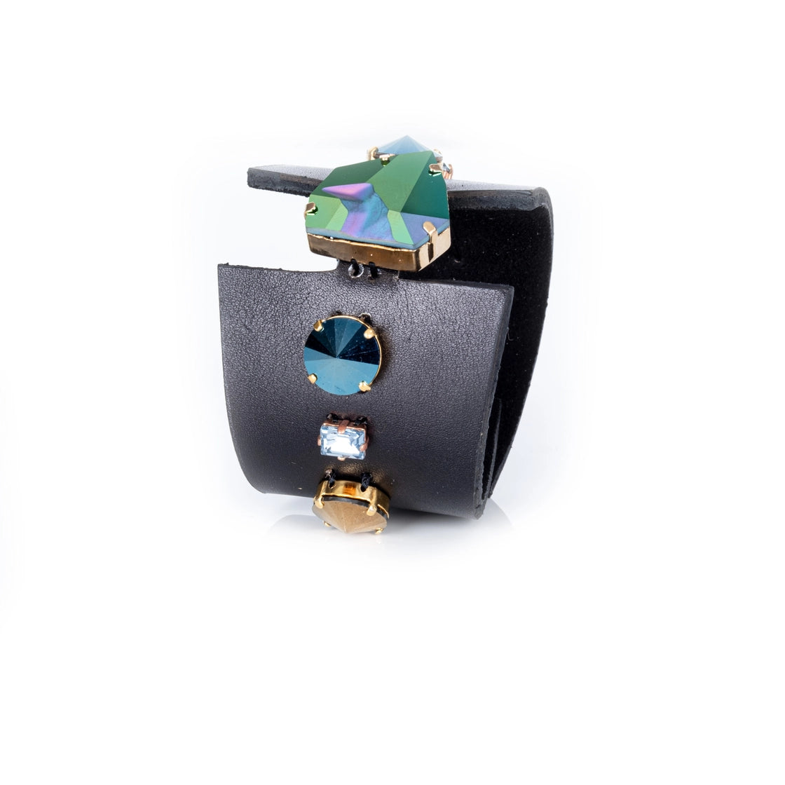 Midnight Steel Crystal Leather Cuff