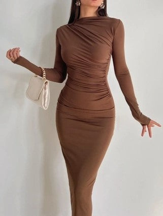 Ruched Slim Long Sleeved Boat Neck Maxi Dress