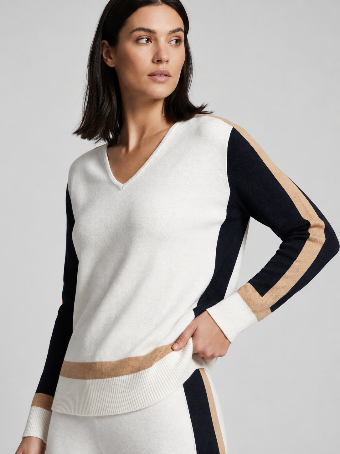 Ivory Contrast Stripe V-Neck Knit Top