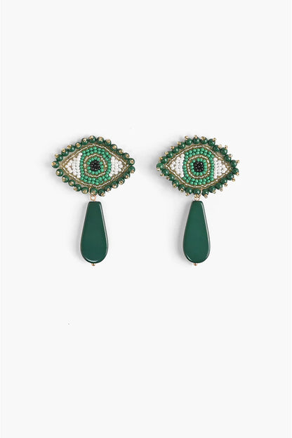 Emerald evil eye beaded earrings