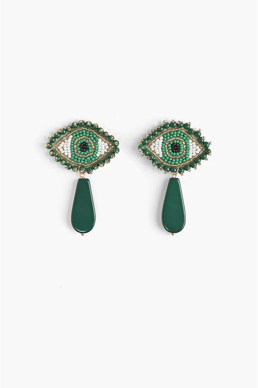 Emerald evil eye beaded earrings