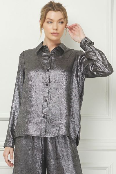 Long Sleeve Brushed Satin Button Front