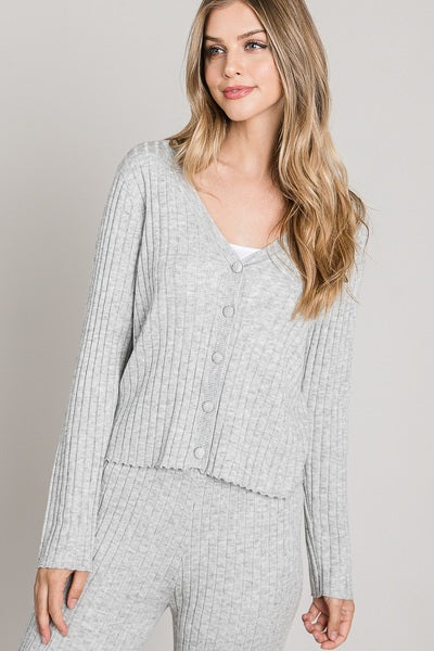 Fine-Gauge Rib Button-Up Cardigan