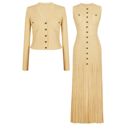 Knit Jacket & Crocheted Maxi Dress Set