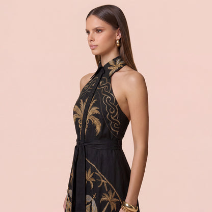 Midnight Palm Linen Halter Maxi Dress