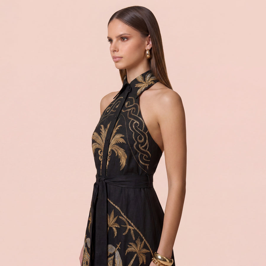 Midnight Palm Linen Halter Maxi Dress
