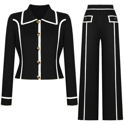 Chic Tweed Knit Cardigan Jacket & Trimmed Pants Set