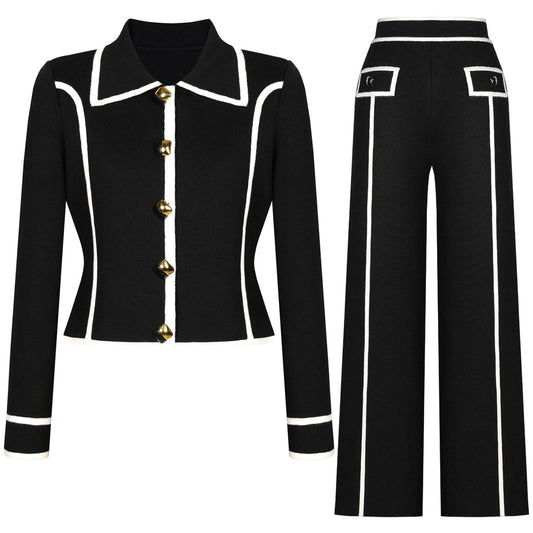 Chic Tweed Knit Cardigan Jacket & Trimmed Pants Set
