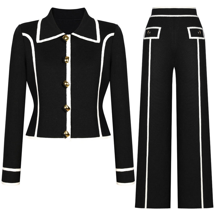 Chic Tweed Knit Cardigan Jacket & Trimmed Pants Set