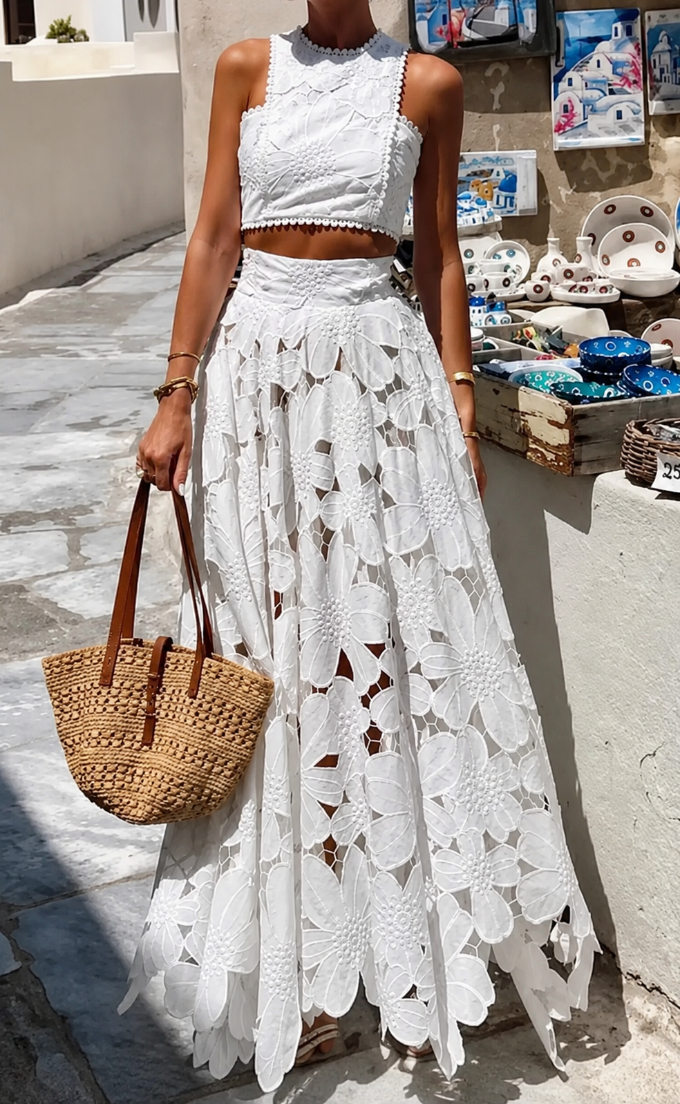 White Floral Lace Two-Piece Crop Top & Maxi Skirt Set