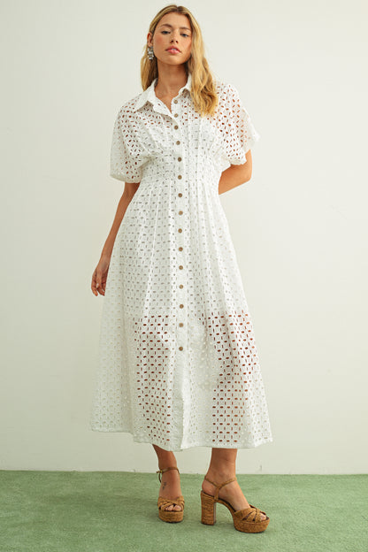 Eyelet Fabric Button Front Shirt Dress