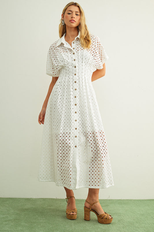 Eyelet Fabric Button Front Shirt Dress