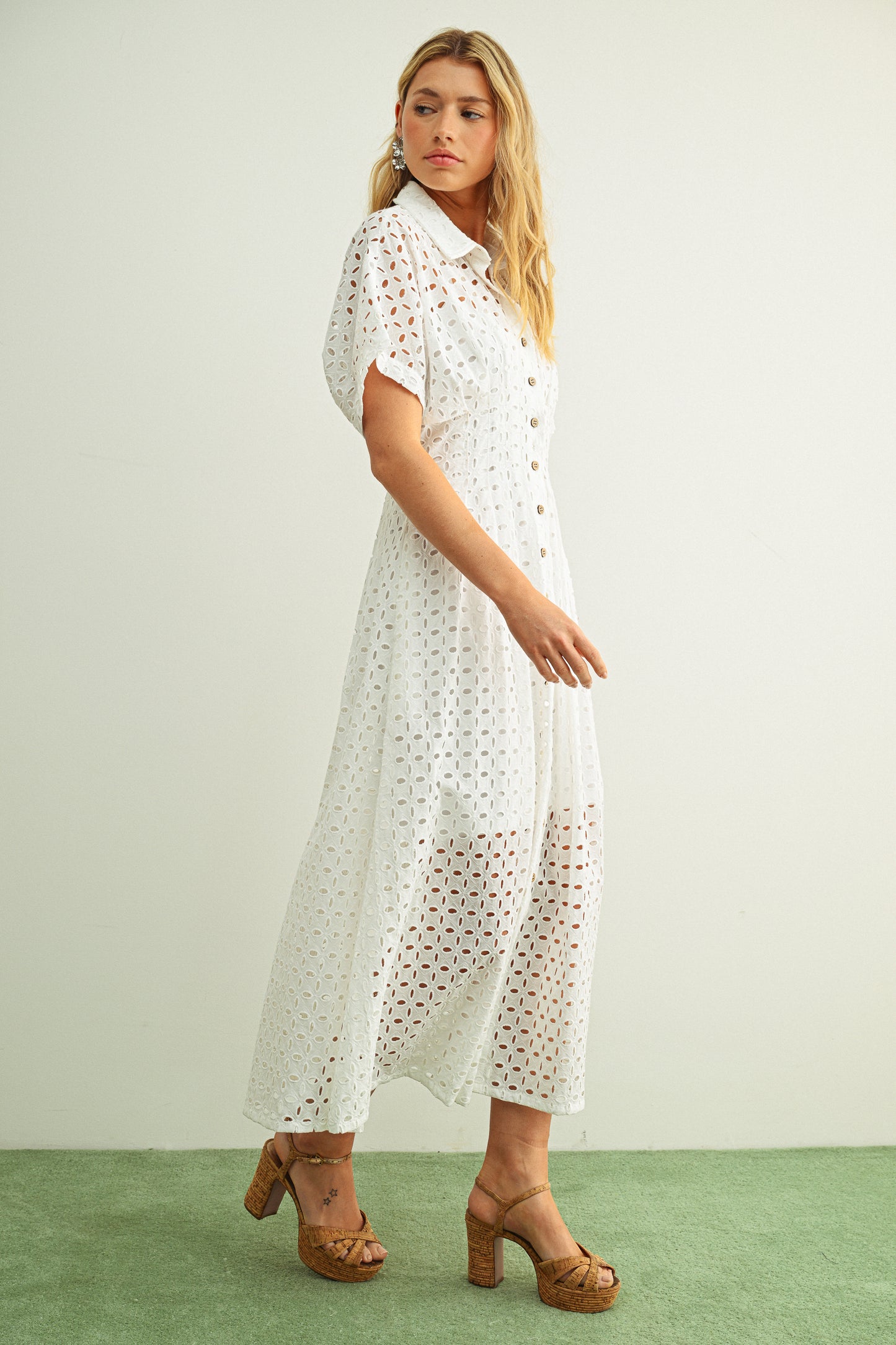 Eyelet Fabric Button Front Shirt Dress