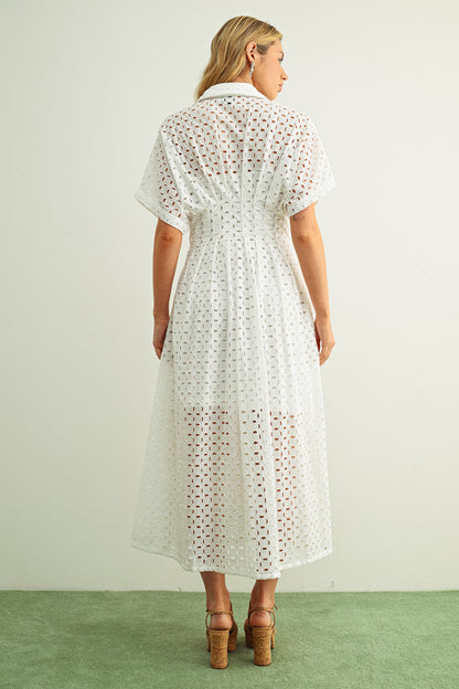 Eyelet Fabric Button Front Shirt Dress