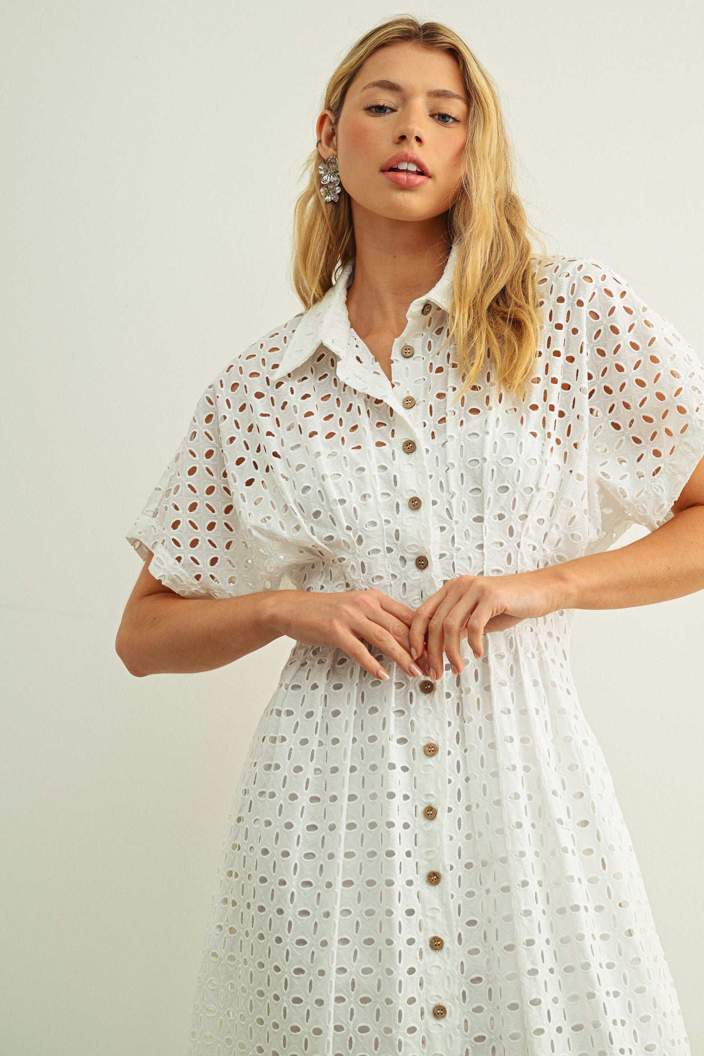 Eyelet Fabric Button Front Shirt Dress