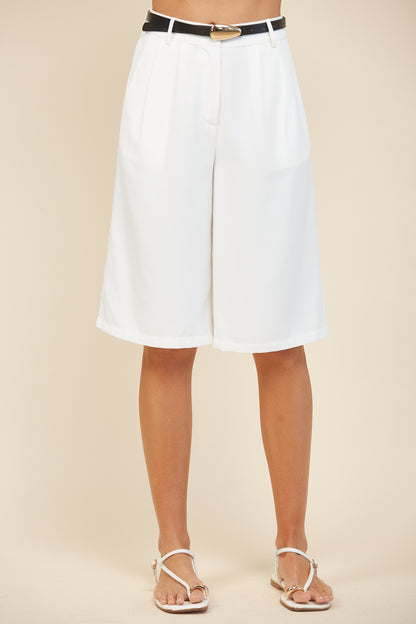 TAILORED PLEATED LONGLINE SHORTS WITH FAUX LEATHER BELT