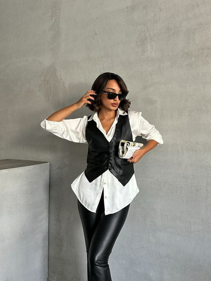 Buttoned Leather Vest - Black
