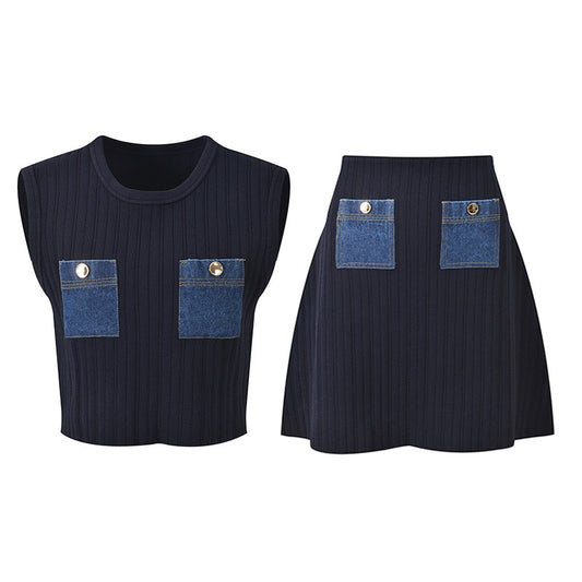Denim Pocket Knit Vest & Skirt Set