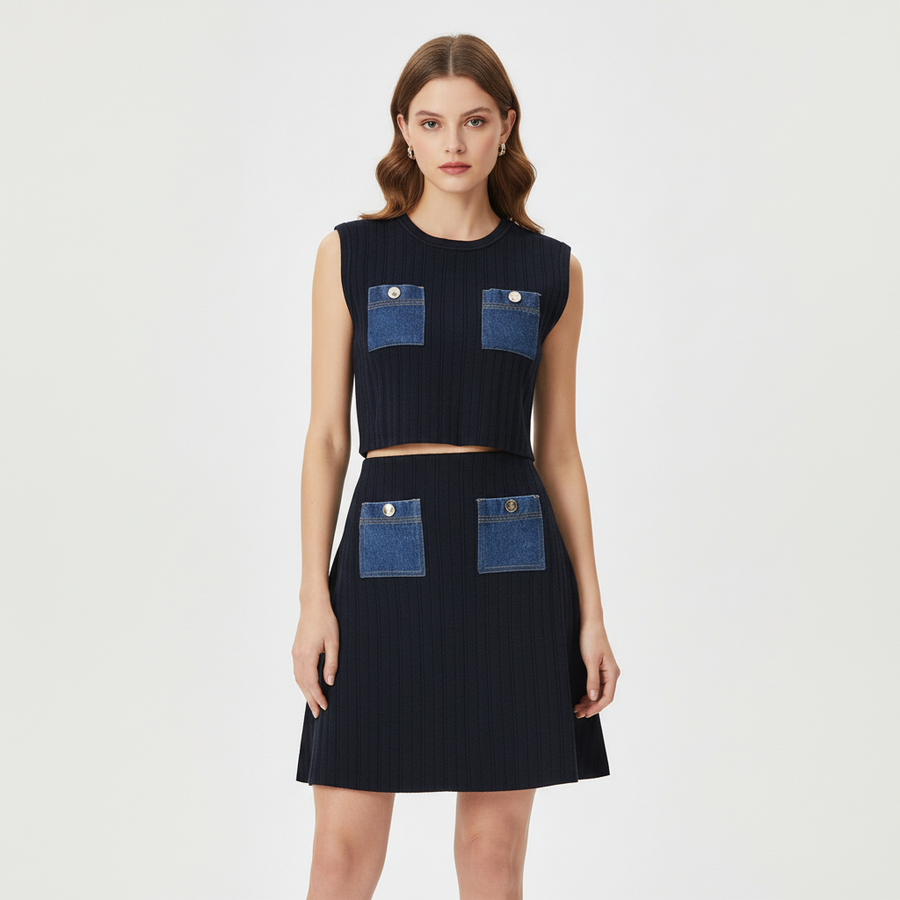 Denim Pocket Knit Vest & Skirt Set